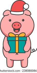 Schwein im Weihnachtsmütze, der eine Geschenkbox hält. Cute Cartoon Charakter. Vektorgrafik.