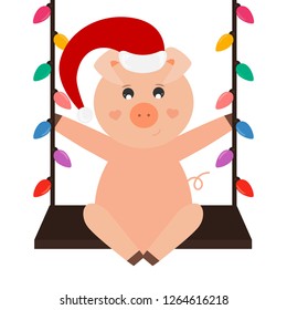 Pig with Santa hat is on the swing, Santa’s helper, vector illustration.