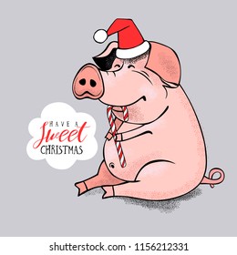 Pig in a Santa's red cap and with a lollipop. Have a sweet Christmas - lettering quote. New year card, poster, t-shirt composition, hand drawn style print. Vector illustration.
