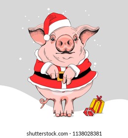 Pig in a Santa's red coat, cap and with a gifts. Merry Christmas and New year card, poster, t-shirt composition, hand drawn style print. Vector illustration.