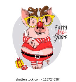 Pig in a Santa's red costume and in a deer mask with a glasses. Happy new year - lettering quote. Christmas card, poster, t-shirt composition, hand drawn style print. Vector illustration.