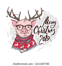 Pig in a Santa's red costume and in a deer mask with a glasses. Marry Christmas - lettering quote. Christmas card, poster, t-shirt composition, hand drawn style print. Vector illustration