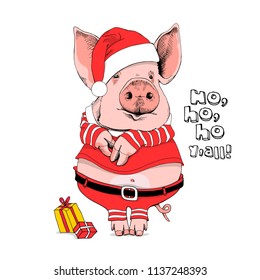 Pig in a Santa's red costume and with a gifts. Ho, ho, ho y'all  - lettering quote. Christmas card, poster, t-shirt composition, hand drawn style print. Vector illustration.