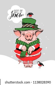 Pig in a Santa's red costume, green top hat, scarf and with a birds. Let it snow - lettering quote. Christmas card, t-shirt composition, hand drawn style print. Vector illustration.