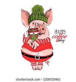 Pig in a Santa's red costume, in a knitted cap with a plastic cup. Happy coffee day - lettering quote. Christmas card, poster, t-shirt composition, hand drawn style print. Vector illustration.