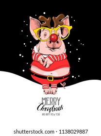 Pig in a Santa's red costume and in a mask deer horns, glasses on a snow night. Merry Christmas - lettering quote.  New year card, t-shirt composition, hand drawn style print. Vector illustration.