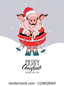 Pig in a Santa's red costume on skis. Merry Christmas - lettering quote. New year card, poster, t-shirt composition, hand drawn style print. Vector illustration.