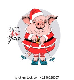 Pig in a Santa's red costume on skis. Happy new year - lettering quote. Christmas card, poster, t-shirt composition, hand drawn style print. Vector illustration.