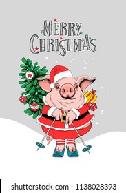 Pig in a Santa's red costume on skis and with a fir tree, gifts. Merry Christmas - lettering quote. New year card, poster, t-shirt composition, hand drawn style print. Vector illustration.