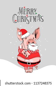 Pig in a Santa's red costume and with a photo booth props. Merry Christmas - lettering quote. New year card, poster, t-shirt composition, hand drawn style print. Vector illustration.