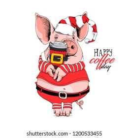 Pig in a Santa's red costume with a plastic cup of coffee. Happy coffee day - lettering quote. Christmas card, poster, t-shirt composition, hand drawn style print. Vector illustration.