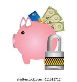 pig save different money and padlock, vector illustration design