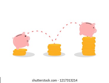 Pig saving jump to grow interest money, vector illustration