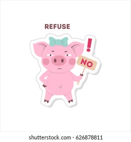 Pig says no. Isolated cute sticker on white background.
