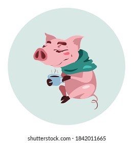 Pig in scarf with cup of tea