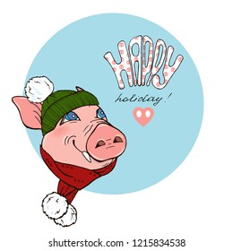 Pig in scarf and hat and lettering, vector illustration