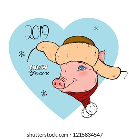 Pig in scarf and hat and lettering, vector illustration