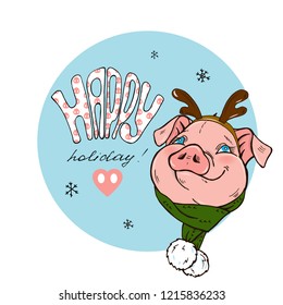 Pig in scarf and hat and lettering, vector illustration