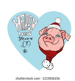 Pig in scarf and hat and lettering, vector illustration