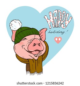 Pig in scarf and hat and lettering, vector illustration