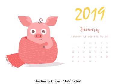 Pig in scarf. Vector. Cartoon. Isolated art on white background. Flat January calendar 2019