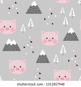 Pig Seamless Pattern Background, Happy cute pigglet in the forest between mountain tree and cloud, cartoon pig vector illustration for kids forest background with triangle dots