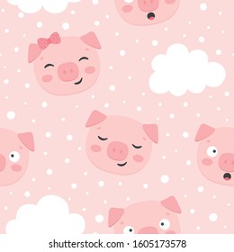 Pig Seamless Pattern Background, Scandinavian Happy cute pig, cartoon pig vector illustration for kids nordic background