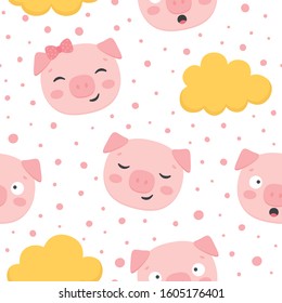 Pig Seamless Pattern Background, Scandinavian Happy cute pig, cartoon pig vector illustration for kids nordic background