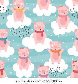 Pig Seamless Pattern Background, Scandinavian Happy cute pig, cartoon pig vector illustration for kids nordic background