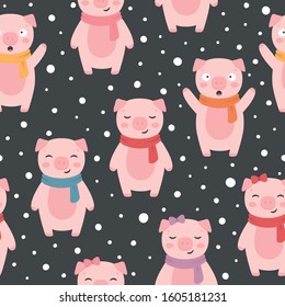 Pig Seamless Pattern Background, Scandinavian Happy cute pig, cartoon pig vector illustration for kids nordic background