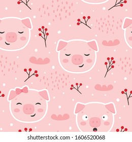 Pig Seamless Pattern Background, Scandinavian Happy cute pig, cartoon pig vector illustration for kids nordic background