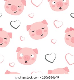 Pig Seamless Pattern Background, Scandinavian Happy cute pig, cartoon pig vector illustration for kids, valentine background with hearts