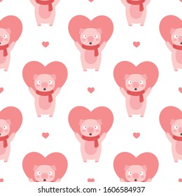 Pig Seamless Pattern Background, Scandinavian Happy cute pig, cartoon pig vector illustration for kids, valentine background with hearts