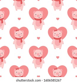Pig Seamless Pattern Background, Scandinavian Happy cute pig, cartoon pig vector illustration for kids, valentine background with hearts