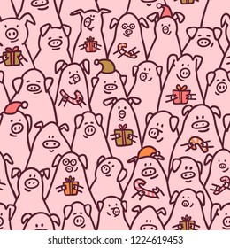 Pig seamless pattern. Funny pigs with candy canes, gifts and santa hats. 2019 Chinese New Year symbols. Doodle style characters for backgrounds, print, wrapping paper. Vector illustration