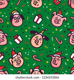 Pig seamless pattern. Funny pigs with candy canes, gifts and santa hats on green background. 2019 Chinese New Year symbols. Doodle style characters for backgrounds, print, wrapping paper. Vector