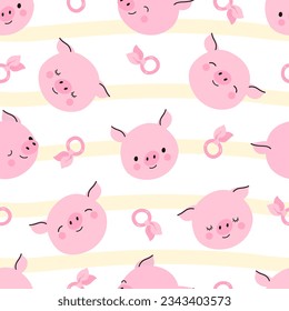 Pig seamless pattern. Piglet faces wallpaper, cute pigs avatars. Cartoon baby fabric print design, funny piggy pink snout. Nowaday vector decorative background