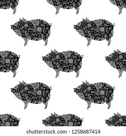 Pig seamless pattern vector. Zentangle hand drawn pig.