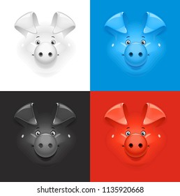 Pig. Set of icon at different colour background. New year symbol. Piggy face. Cartoon character. Animal muzzle. EPS10 vector illustration.
