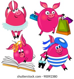 pig set vector illustration.cute animal isolated characters.white background