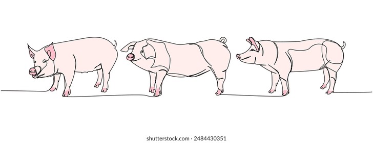 pig set, wild boar, livestock, piglet one line color, colored art. Continuous line drawing of farm, nature, agriculture, farm animals, rural life, ranch.