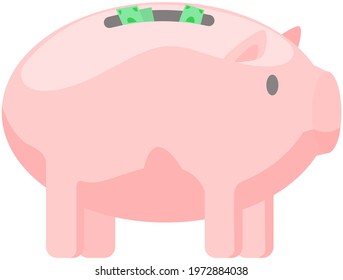 Pig shaped money storage container. Storage device for coins and dollar bills. Piggy bank for money isolated on white background. Piggy bank with sticking out banknotes. Wealth accumulation container
