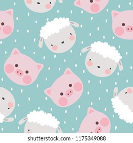 pig and sheep animal seamless pattern, cute cartoon animals background, vector illustration