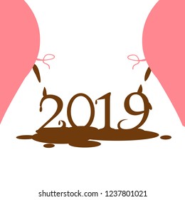 pig shit 2019. Vector Illustration. Cartoon funny pig