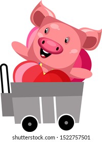 Pig in shopping cart, illustration, vector on white background.
