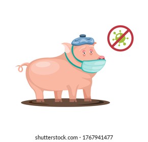 Pig sick got fever and flu wear mask and cool compress symbo. bacteria virus infected on animal pig in cartoon illustration vector