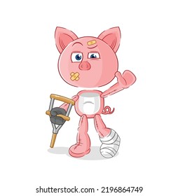 the pig sick with limping stick. cartoon mascot vector