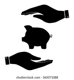 Pig sign in hand icon, finance care symbol vector illustration. Flat design style
