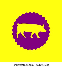 Pig sign illustration. Vector. Violet label with hole as icon on yellow background.