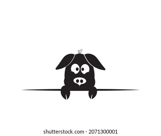 Pig silhouette behind the table, vector. Cute cartoon character isolated on white background. Cute pig illustration. Childish wall decals, wall art. Minimalist black and white artwork. 